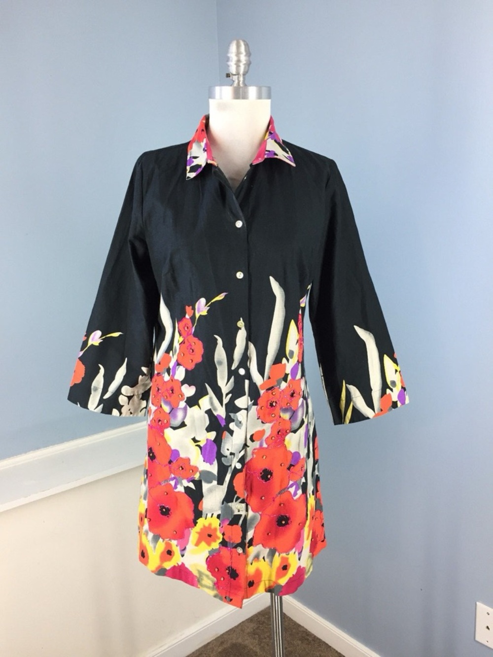 Soft Surroundings Black Floral Midi Dress with Red and Pink Accents